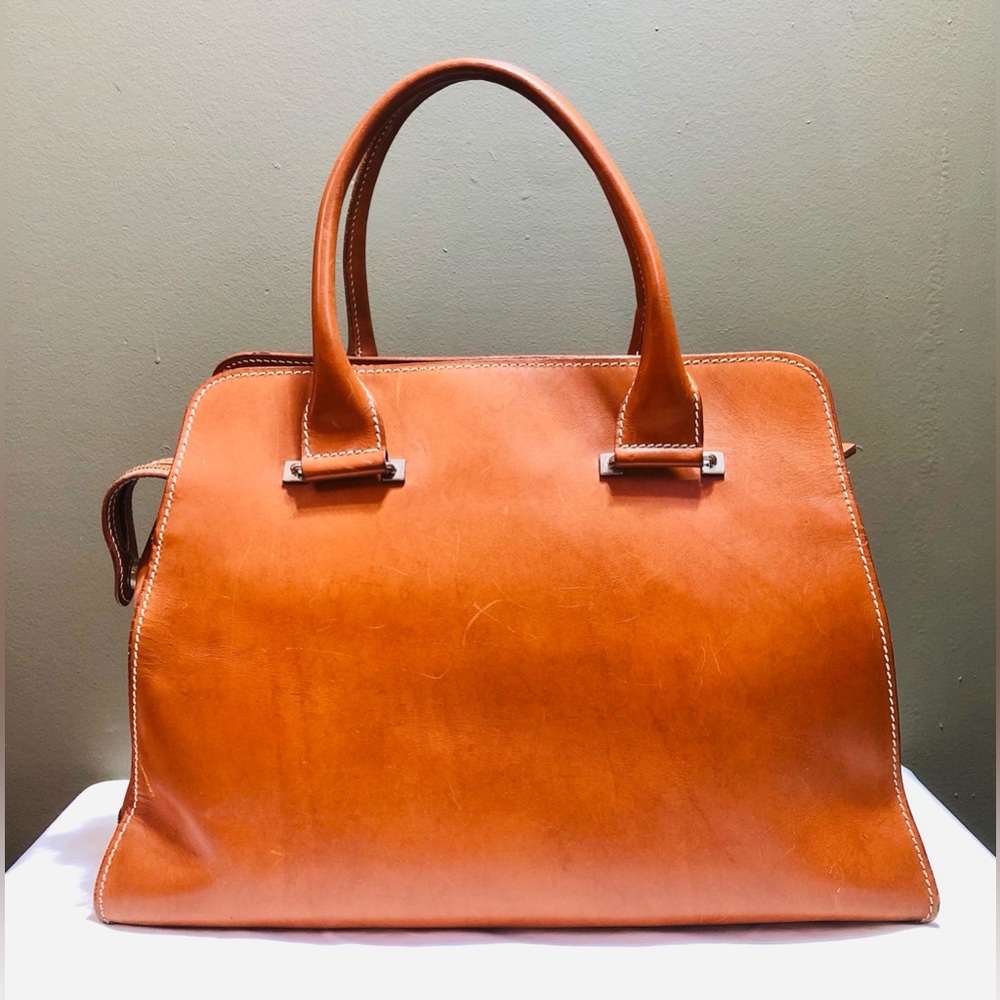 Lambertson Truex Leather Satchel Handbag Brown Italy Structured Tote Double Hand